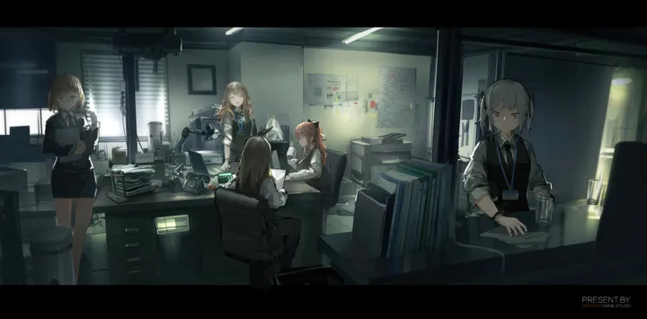 5girls,6-girls,desk,office,office_chair,sleeves_rolled_up,twintails,sitting,multiple_girls,indoors,wristwatch,holding,monitor,collared_shirt,cup,brown_hair,brown_eyes,chair,horizontal,lamp,grey_hair,letterboxed,white_shirt,short_hair,skirt,window,standing,laptop,paper,watch,shirt,computer,pantyhose,blonde_hair,long_hair,necktie,ponytail