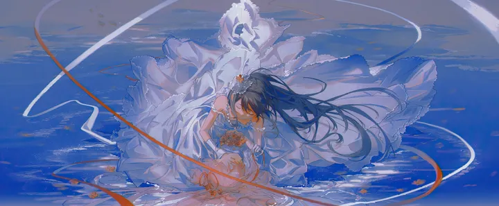 2girls,ribbon,from_above,bangs,closed_eyes,multiple_girls,hair_flower,hair_ribbon,wedding_dress,very_long_hair,holding,sleeveless_dress,horizontal,water,white_dress,yuri,looking_at_another,pink_hair,red_ribbon,bouquet,frills,frilled_dress,lying,dress,long_hair,bare_shoulders,floating_hair,flower,black_hair