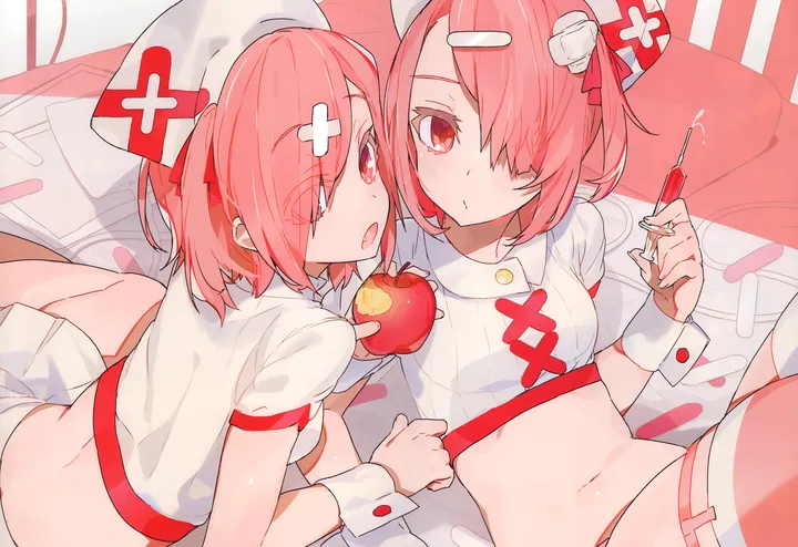 2girls,breasts,on_back,bangs,hairclip,looking_back,sitting,multiple_girls,siblings,hair_ornament,hair_over_one_eye,stomach,hat,open_mouth,holding_syringe,nurse,nurse_cap,holding,holding_fruit,holding_food,collared_shirt,striped,horizontal,fruit,syringe,white_headwear,white_skirt,white_shirt,pleated_skirt,looking_at_viewer,short_hair,short_sleeves,skirt,pink_hair,pink_eyes,wrist_cuffs,red_eyes,bandages,navel,apple,fang,shirt,lying,small_breasts,thighhighs,miniskirt,eyes_visible_through_hair,midriff,crop_top,food