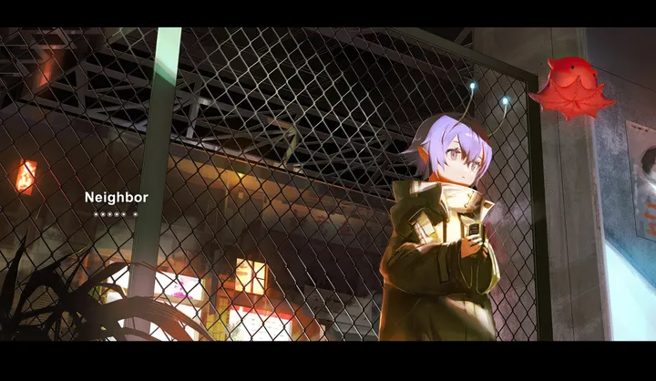 1girl,bangs,solo,coat,jacket,pointy_ears,hair_between_eyes,outdoors,holding,fence,horizontal,letterboxed,short_hair,looking_away,purple_hair,english_text,antennae,chain-link_fence,long_sleeves,high_collar