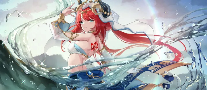 1girl,detached_sleeves,medium_breasts,arm_up,breasts,low_twintails,parted_bangs,bangs,solo,twintails,back,closed_mouth,looking_back,sky,circlet,outdoors,bracer,horizontal,water,aqua_eyes,jewelry,white_headwear,looking_at_viewer,skirt,smile,red_hair,tattoo,back_tattoo,harem_outfit,blue_skirt,puffy_sleeves,puffy_long_sleeves,fake_horns,bare_back,horns,gold_trim,long_hair,long_sleeves,bare_shoulders,crop_top,veil,neck_ring,floating_hair