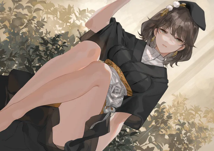 1girl,arm_up,breasts,dutch_angle,bangs,solo,feet_out_of_frame,closed_mouth,sitting,hat,brown_hair,plant,horizontal,jewelry,white_shirt,looking_at_viewer,short_hair,short_sleeves,earrings,shirt,bare_legs,beret,black_kimono,black_headwear