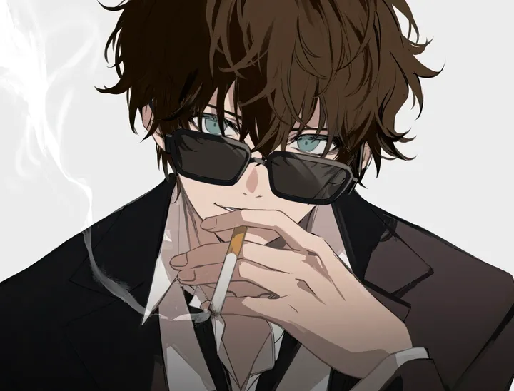 1boy,upper_body,bangs,solo,smoking,sunglasses,jacket,hair_between_eyes,parted_lips,holding_cigarette,hand_up,holding,collared_shirt,simple_background,brown_hair,horizontal,formal,smoke,male_focus,white_background,white_shirt,looking_at_viewer,short_hair,blue_eyes,shirt,suit,necktie,cigarette,black_jacket,black_necktie