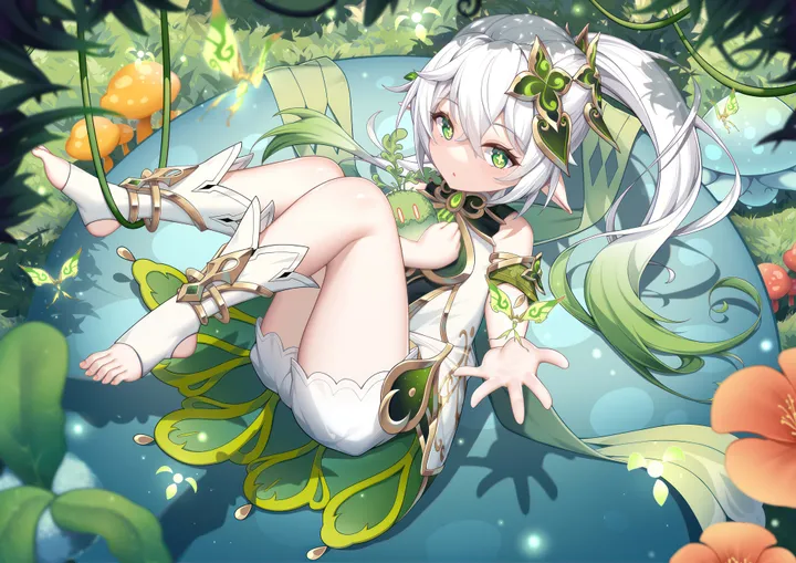 1girl,detached_sleeves,outstretched_arm,outstretched_hand,side_ponytail,full_body,underwear,bangs,cross-shaped_pupils,solo,legs,leaf,leaf_hair_ornament,reaching_towards_viewer,multicolored_hair,thighs,hair_ornament,sidelocks,pointy_ears,hair_between_eyes,outdoors,knees_up,sleeveless,sleeveless_dress,toeless_legwear,plant,blurry,horizontal,toeless_footwear,no_shoes,gradient_hair,bloomers,jewelry,white_hair,white_bloomers,white_shorts,white_socks,white_dress,looking_at_viewer,short_sleeves,shorts,symbol-shaped_pupils,red_flower,green_hair,green_eyes,feet,toes,mushroom,socks,stirrup_legwear,dress,gold_trim,long_hair,bare_shoulders,flower