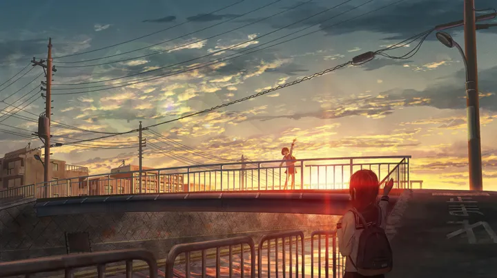 1girl,2girls,school_bag,cloud,bag,backpack,multiple_girls,cloudy_sky,sky,building,outdoors,sunset,fence,railing,school_uniform,bridge,horizontal,serafuku,utility_pole,power_lines,skirt,from_behind,chain-link_fence,lens_flare,long_hair,sunlight,scenery