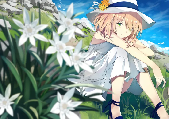 1girl,virtual_youtuber,ribbon,cloud,bangs,blurry_foreground,solo,sunflower,closed_mouth,sitting,sky,sun_hat,sundress,rock,hat_flower,hat,hair_between_eyes,outdoors,knees_up,sleeveless,sleeveless_dress,depth_of_field,blurry,horizontal,day,white_headwear,white_flower,white_dress,looking_at_viewer,smile,green_eyes,blush,grass,blue_ribbon,blue_sky,blue_footwear,bare_arms,dress,bare_shoulders,flower,yellow_flower