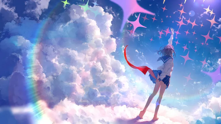 1girl,arm_up,cloud,outstretched_arm,solo,scarf,cloudy_sky,sky,rainbow,outdoors,school_uniform,brown_hair,horizontal,serafuku,sailor_collar,day,white_shirt,pleated_skirt,skirt,standing,red_scarf,from_behind,sparkle,blue_sky,blue_sailor_collar,blue_skirt,shirt,socks,bare_legs,barefoot,lens_flare,long_sleeves,scenery