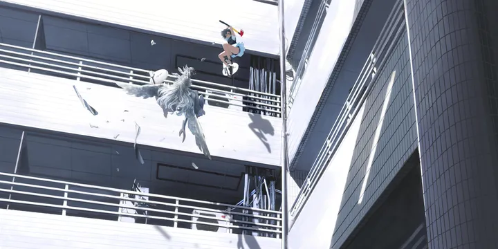 1girl,1boy,stairs,angel,angel_wings,hat,building,outdoors,holding,horizontal,white_hair,white_wings,short_hair,shorts,feathered_wings,wings,socks,dress,long_hair,shadow,shoes