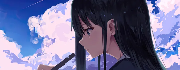 1girl,cloud,from_side,profile,bangs,solo,closed_mouth,cloudy_sky,sky,outdoors,holding,holding_pen,horizontal,day,pen,blue_sky,blue_eyes,long_hair,black_hair