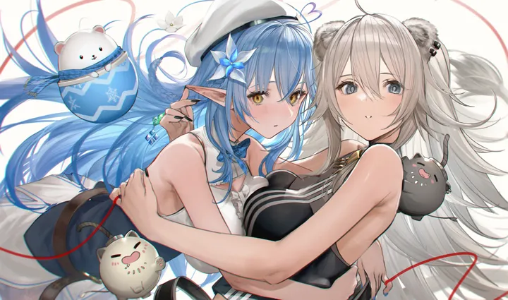 2girls,virtual_youtuber,braid,breasts,cleavage,animal_ears,bangs,ahoge,string_of_fate,multiple_girls,hair_flower,hair_ornament,pointy_ears,tail,hat,hair_between_eyes,very_long_hair,parted_lips,heart,heart_ahoge,hug,nail_polish,breast_press,sleeveless,sleeveless_shirt,simple_background,horizontal,grey_hair,grey_eyes,lion_girl,lion_tail,lion_ears,white_headwear,white_background,white_flower,white_shirt,yuri,looking_at_viewer,skirt,piercing,ear_piercing,elf,string,blush,blue_hair,blue_nails,bow,shirt,beret,large_breasts,long_hair,bare_shoulders,bowtie,flower,yellow_eyes,black_shirt