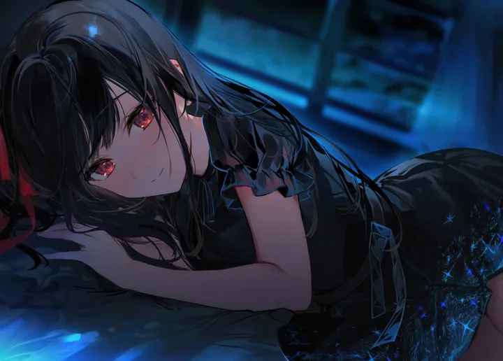 1girl,ribbon,on_side,bangs,solo,closed_mouth,on_bed,night,hair_ribbon,indoors,bed_sheet,depth_of_field,blurry,blurry_background,horizontal,looking_at_viewer,short_sleeves,window,smile,red_ribbon,red_eyes,blush,lying,dress,long_hair,black_hair,black_dress