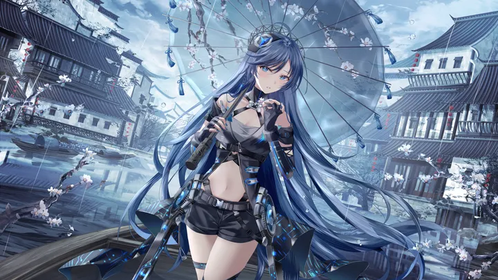 1girl,cowboy_shot,east_asian_architecture,breasts,cleavage,bangs,solo,thigh_strap,hair_ornament,architecture,building,very_long_hair,parted_lips,outdoors,gloves,holding,holding_umbrella,fingerless_gloves,horizontal,oil-paper_umbrella,belt,looking_at_viewer,shorts,standing,short_shorts,navel,blue_hair,blue_nails,blue_eyes,clothing_cutout,long_hair,rain,umbrella,midriff,black_gloves,black_shorts