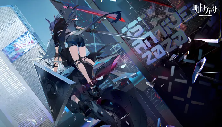 1girl,2girls,sword,ground_vehicle,city,multiple_girls,thighs,jacket,tail,ass,building,gloves,holding_sword,holding_weapon,shin_guards,holding,motorcycle,fingerless_gloves,motor_vehicle,horizontal,weapon,copyright_name,white_shirt,shield,shorts,short_shorts,from_behind,blue_hair,shirt,horns,long_hair,boots,black_jacket,black_gloves,black_shorts,black_footwear,dragon_girl,dragon_tail,dragon_horns