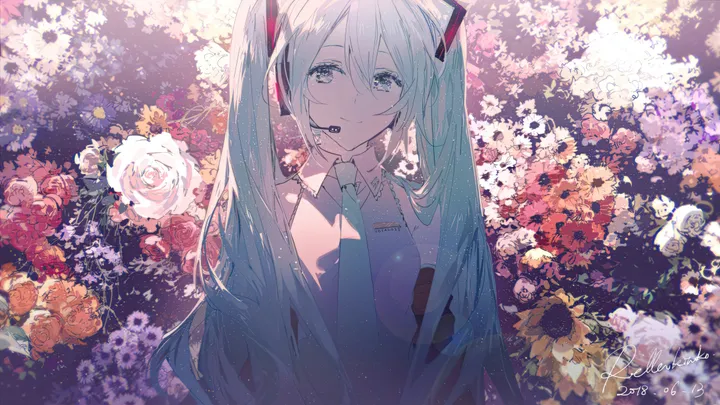 1girl,detached_sleeves,upper_body,light_particles,bangs,solo,arms_at_sides,twintails,closed_mouth,hair_ornament,headset,hair_between_eyes,very_long_hair,sleeveless,sleeveless_shirt,collared_shirt,horizontal,orange_flower,aqua_hair,aqua_eyes,aqua_necktie,light_smile,grey_shirt,bokeh,rose,white_rose,white_flower,looking_at_viewer,smile,pink_rose,pink_flower,red_rose,red_flower,floral_background,blue_hair,blue_eyes,blue_necktie,shirt,backlighting,long_hair,bare_shoulders,necktie,flower,microphone,yellow_flower,black_sleeves