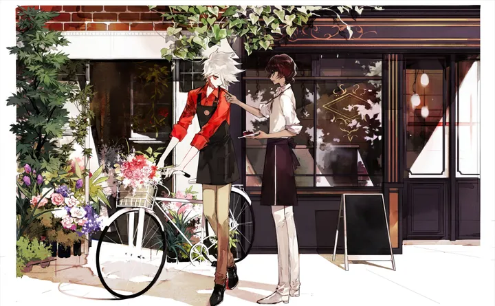 2boys,apron,ground_vehicle,multiple_boys,shop,brown_hair,horizontal,dark_skin,male_focus,white_hair,alternate_costume,smile,red_eyes,bishounen,bicycle,pale_skin,blue_eyes,shirt,pants,flower,dark-skinned_male,black_apron