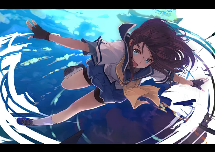 1girl,outstretched_arms,spread_arms,solo,reflection,open_mouth,gloves,fingerless_gloves,school_uniform,brown_hair,horizontal,serafuku,letterboxed,skirt,smile,blue_eyes,bike_shorts,long_hair,shoes