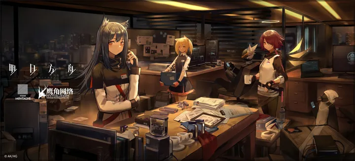 3girls,detached_wings,desk,animal_ears,bangs,twintails,coffee_mug,sitting,city,cityscape,multiple_girls,night,halo,jacket,indoors,capelet,hair_between_eyes,gloves,phone,holding,fingerless_gloves,cup,chair,horizontal,orange_eyes,lamp,copyright_name,wolf_ears,white_jacket,blinds,pocky,looking_at_viewer,short_hair,window,smile,box,red_hair,red_eyes,paper,cardboard_box,wings,animal_ear_fluff,computer,id_card,pantyhose,blonde_hair,long_hair,long_sleeves,food,mug,black_hair,black_gloves