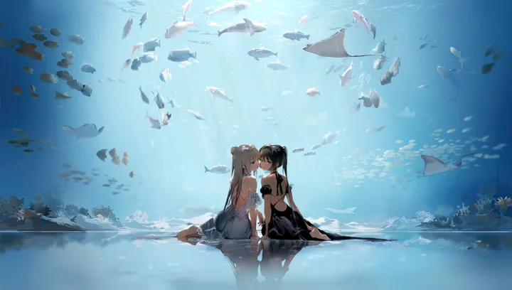 2girls,twintails,reflection,hair_bun,sitting,multiple_girls,hair_ornament,very_long_hair,brown_hair,horizontal,water,aquarium,swimsuit,yuri,looking_at_another,blue_eyes,barefoot,dress,long_hair,sunlight,bare_shoulders,backless_outfit,backless_dress,scenery,ponytail,fish,black_hair,black_dress