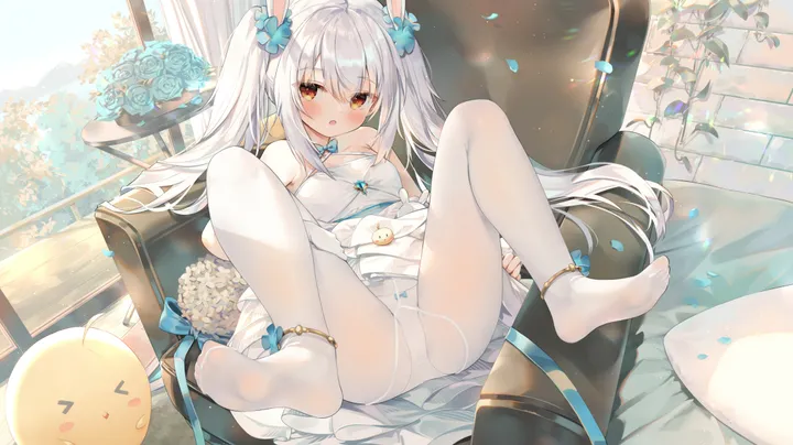 1girl,breasts,rabbit_ears,full_body,animal_ears,underwear,panties,spread_legs,bangs,fake_animal_ears,solo,twintails,sitting,hair_flower,hair_ornament,wedding_dress,official_alternate_costume,indoors,open_mouth,very_long_hair,horizontal,no_shoes,jewelry,white_panties,white_hair,white_dress,white_pantyhose,looking_at_viewer,panties_under_pantyhose,red_eyes,halterneck,feet,soles,toes,anklet,blush,bouquet,petals,blue_rose,blue_flower,small_breasts,dress,pantyhose,long_hair,flower