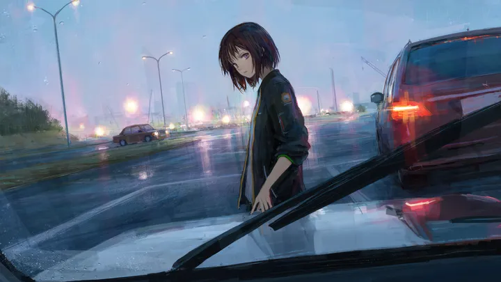 1girl,from_side,bangs,solo,ground_vehicle,night,sky,jacket,building,outdoors,motor_vehicle,brown_hair,horizontal,car,looking_to_the_side,looking_at_viewer,short_hair,standing,purple_eyes,street,open_clothes,sports_car,road,lamppost,vehicle_focus,black_jacket