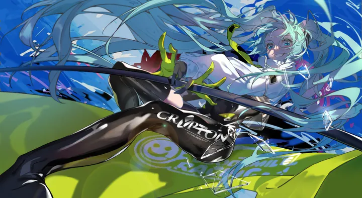 1girl,bangs,solo,single_thighhigh,two-tone_gloves,twintails,sky,jacket,very_long_hair,parted_lips,gloves,holding_flag,holding,flag,horizontal,aqua_hair,aqua_eyes,white_jacket,looking_at_viewer,cropped_jacket,smile,smiley_face,green_gloves,blue_sky,blue_hair,blue_eyes,thighhighs,bodysuit,pole,long_hair,long_sleeves,floating_hair,black_gloves,black_bodysuit