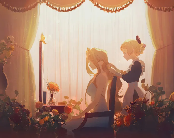 2girls,profile,single_hair_bun,apron,sitting,multiple_girls,maid,indoors,strapless,hairdressing,chair,plant,horizontal,candlestand,rose,white_apron,white_dress,short_hair,curtains,red_rose,red_flower,vase,puffy_sleeves,candle,bow,hair_bow,dress,blonde_hair,long_hair,long_sleeves,bare_shoulders,flower