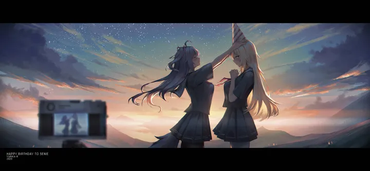 2girls,virtual_youtuber,cowboy_shot,neckerchief,arms_up,cloud,from_side,animal_ears,bangs,closed_eyes,ahoge,closed_mouth,multiple_girls,sky,hair_ornament,tail,mountainous_horizon,very_long_hair,outdoors,sunset,star_sky,starry_sky,school_uniform,horizontal,serafuku,sailor_collar,party_hat,gradient_sky,camera,happy_birthday,letterboxed,pleated_skirt,looking_at_another,short_sleeves,skirt,standing,smile,red_neckerchief,shirt,thighhighs,pantyhose,miniskirt,blonde_hair,long_hair,black_serafuku,black_skirt,black_shirt