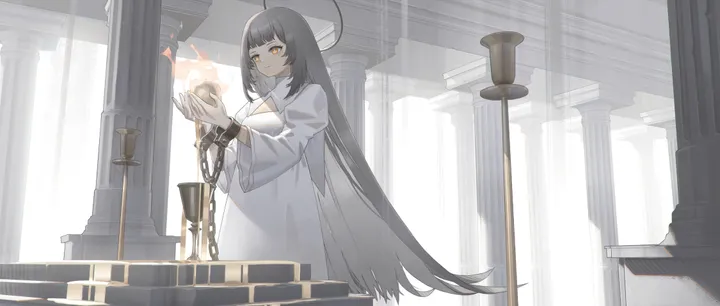 1girl,bangs,solo,ahoge,closed_mouth,halo,indoors,wide_sleeves,very_long_hair,handcuffs,holding,pillar,horizontal,fire,white_dress,standing,puffy_sleeves,candle,dress,cuffs,chain,shackles,long_hair,long_sleeves,yellow_eyes,black_hair