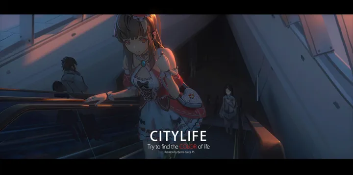 detached_sleeves,breasts,bangs,solo_focus,stairs,multiple_girls,multiple_boys,brown_hair,horizontal,letterboxed,looking_at_viewer,red_eyes,english_text,dress,long_hair,bare_shoulders