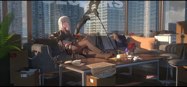 1girl,book,breasts,bangs,solo,on_couch,sitting,jacket,indoors,building,phone,holding,clock,cup,table,brown_pantyhose,chair,plant,horizontal,couch,no_shoes,lamp,grey_hair,rose,letterboxed,white_hair,potted_plant,looking_at_viewer,shorts,window,laptop,box,short_shorts,red_eyes,red_flower,paper,shirt,open_jacket,open_clothes,computer,pantyhose,long_hair,long_sleeves,scenery,flower,black_jacket,black_shirt