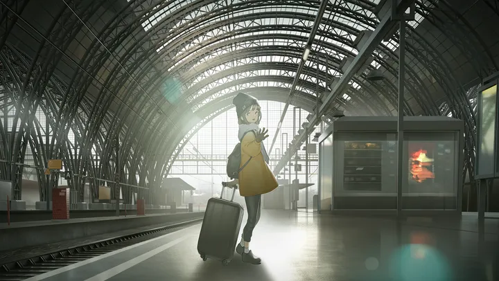 1girl,bangs,bag,solo,backpack,looking_back,coat,jacket,indoors,hat,wide_shot,holding,suitcase,rolling_suitcase,beanie,horizontal,looking_at_viewer,short_hair,standing,luggage,pants,train_station,railroad_tracks,long_sleeves,shoes,scenery,yellow_jacket,black_hair,black_pants,black_footwear