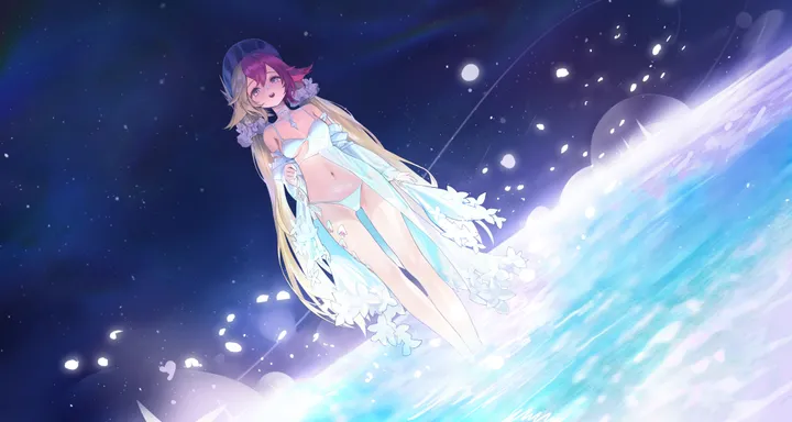 1girl,breasts,cleavage,low_twintails,dutch_angle,solo,twintails,night,night_sky,sky,hair_flower,hair_ornament,very_long_hair,star_sky,starry_sky,horizontal,bikini,water,swimsuit,wading,white_bikini,looking_at_viewer,standing,smile,purple_eyes,navel,petals,blue_eyes,blonde_hair,long_hair,flower