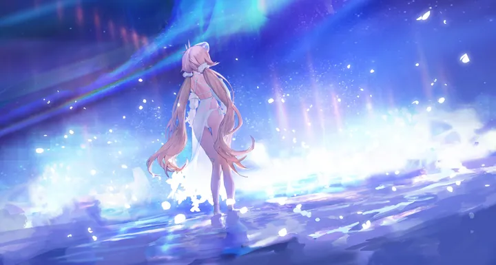 1girl,low_twintails,solo,twintails,ahoge,night,night_sky,sky,official_alternate_costume,ass,very_long_hair,star_sky,starry_sky,aurora,horizontal,bikini,water,swimsuit,wading,white_bikini,standing,from_behind,blonde_hair,long_hair