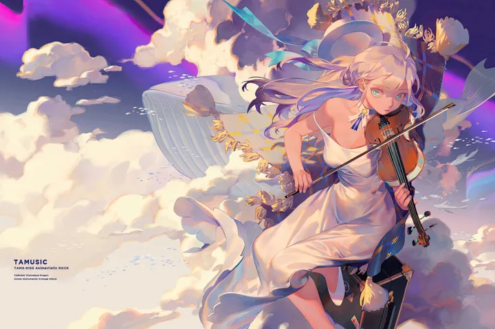 1girl,ribbon,medium_breasts,instrument,breasts,cleavage,cloud,bangs,solo,sitting,sky,violin,hat,holding_instrument,holding,strapless,strapless_dress,horizontal,playing_instrument,bow_music,white_dress,looking_at_viewer,blue_ribbon,blue_eyes,large_breasts,dress,blonde_hair,collarbone,long_hair,bare_shoulders,music,choker