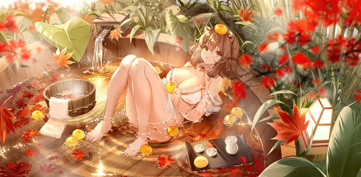 1girl,breasts,cleavage,bathing,full_body,bangs,blurry_foreground,solo,knees_together_feet_apart,leaf,closed_mouth,sitting,object_on_head,sidelocks,hair_between_eyes,tray,knees_up,depth_of_field,wooden_bucket,cup,maple_leaf,brown_hair,brown_eyes,plant,blurry,horizontal,bikini,towel,water,fruit,bucket,swimsuit,bath,tokkuri,onsen,lantern,choko_cup,white_bikini,looking_at_viewer,autumn_leaves,smile,halterneck,blush,steam,wet,bare_legs,barefoot,large_breasts,partially_submerged,collarbone,long_hair,bare_shoulders,food,yellow_eyes