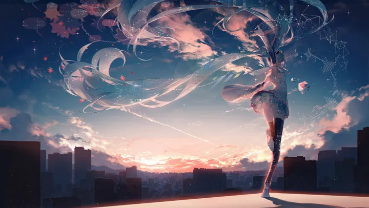 1girl,detached_sleeves,arm_up,arms_up,cloud,full_body,solo,standing_on_one_leg,leg_up,closed_eyes,twintails,city,cityscape,cloudy_sky,sky,hair_ornament,headphones,wide_shot,building,very_long_hair,outdoors,skyscraper,sleeveless,sleeveless_shirt,sunset,star_sky,horizontal,aqua_hair,aqua_eyes,white_shirt,pleated_skirt,skirt,standing,smile,zettai_ryouiki,armpits,sparkle,shirt,absurdly_long_hair,thighhighs,backlighting,lens_flare,long_hair,boots,musical_note,necktie,scenery,floating_hair,thigh_boots,black_skirt,black_thighhighs,black_footwear