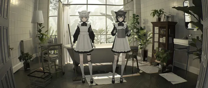 2girls,full_body,animal_ears,bangs,kneehighs,legwear_garter,closed_mouth,apron,multiple_girls,hair_ornament,maid,maid_apron,maid_headdress,indoors,tail,hair_between_eyes,holding,table,plant,horizontal,sink,grey_hair,grey_eyes,cat_ears,tiles,white_apron,white_socks,potted_plant,looking_at_viewer,short_hair,window,curtains,standing,smile,animal_ear_fluff,frills,frilled_apron,puffy_sleeves,bow,socks,dress,long_sleeves,shoes,black_hair,black_dress,black_footwear