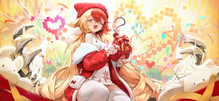 1girl,bangs,bag,solo,two-tone_hair,christmas,sitting,coat,multicolored_hair,hair_ornament,jacket,hat,confetti,open_mouth,very_long_hair,handbag,holding,holding_gift,beanie,sleeveless,horizontal,fur_trim,white_thighhighs,white_dress,looking_at_viewer,gift_box,gift,smile,box,red_coat,red_hair,red_headwear,red_jacket,open_jacket,open_clothes,thighhighs,dress,blonde_hair,long_hair,long_sleeves,one_eye_closed,bare_shoulders,off_shoulder,yellow_eyes