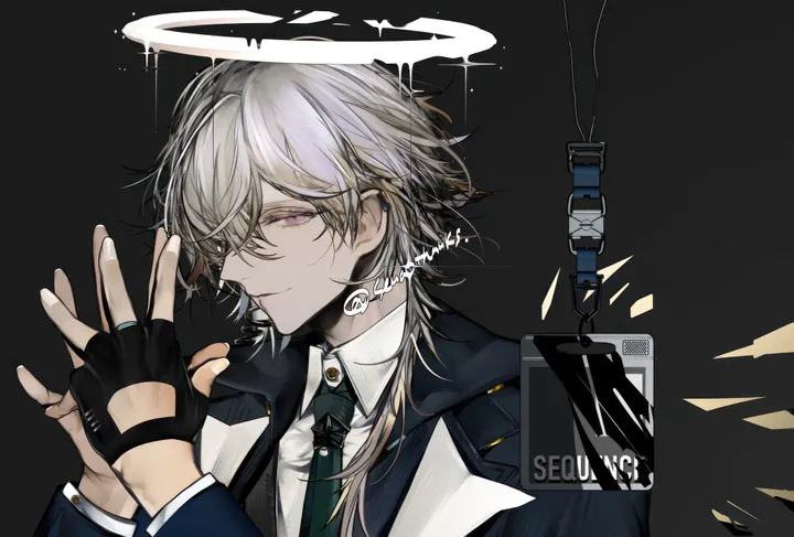 1boy,detached_wings,upper_body,artist_name,bangs,solo,closed_mouth,halo,jacket,hair_between_eyes,gloves,fingerless_gloves,collared_shirt,simple_background,horizontal,formal,grey_hair,male_focus,white_shirt,looking_at_viewer,short_hair,smile,purple_eyes,green_necktie,bishounen,wings,earpiece,shirt,long_sleeves,necktie,black_jacket,black_gloves,black_background