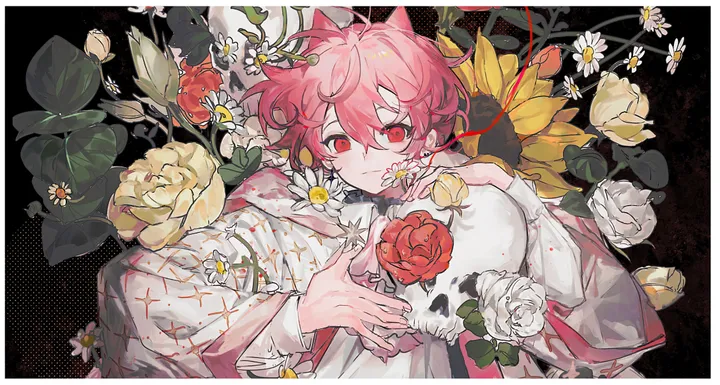 1boy,upper_body,animal_ears,solo,leaf,sunflower,closed_mouth,hair_between_eyes,holding_skull,holding,holding_flower,horizontal,rose,male_focus,white_flower,looking_at_viewer,short_hair,pink_hair,red_eyes,red_flower,blood,long_sleeves,skull,flower,yellow_flower,black_background