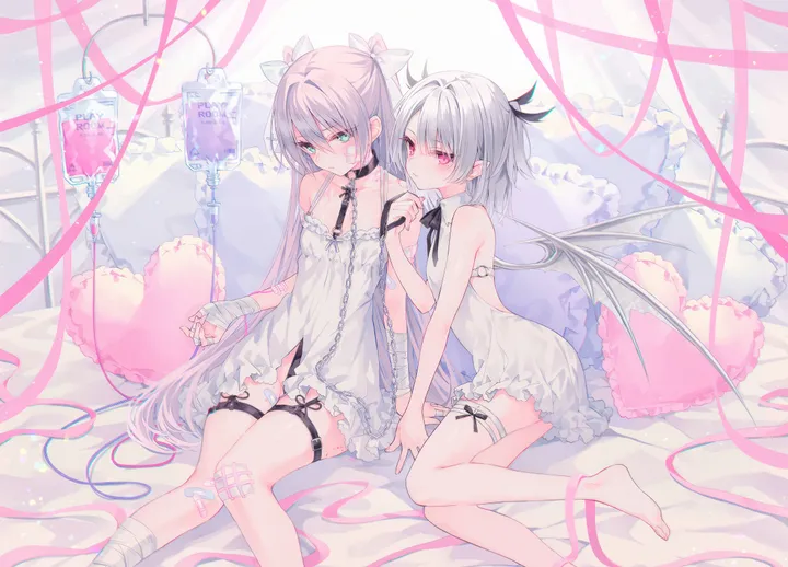 2girls,ribbon,breasts,underwear,panties,bangs,bandaid,feet_out_of_frame,twintails,intravenous_drip,closed_mouth,on_bed,sitting,multiple_girls,thigh_strap,hair_ribbon,pointy_ears,frilled_pillow,bed,hair_between_eyes,very_long_hair,heart,heart_pillow,demon_girl,demon_wings,bandaid_on_arm,sleeveless,sleeveless_dress,pillow,horizontal,grey_hair,holding_hands,white_hair,white_dress,looking_at_viewer,short_hair,pink_ribbon,pink_eyes,red_eyes,bandaged_leg,bandages,green_eyes,bandaged_arm,wings,blush,bandaid_on_leg,frills,bow,hair_bow,blood,blood_bag,bare_arms,barefoot,horns,small_breasts,dress,chain,collarbone,long_hair,bare_shoulders,collar,black_panties