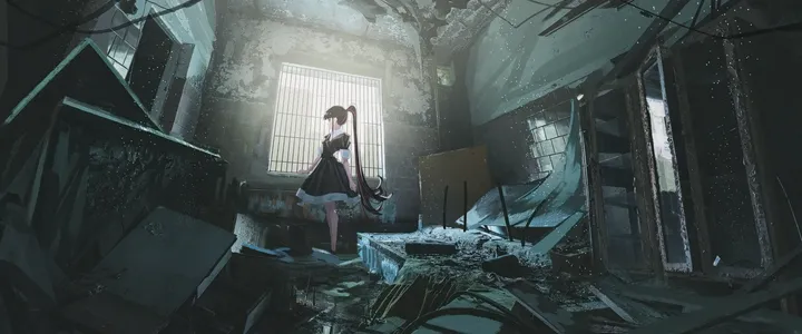 1girl,bangs,solo,indoors,wide_shot,ruins,holding,brown_hair,horizontal,short_hair,window,standing,dress,scenery,black_dress