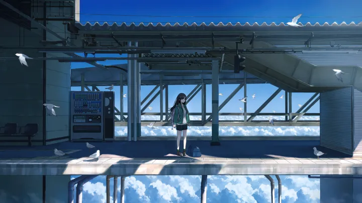 1girl,cloud,bangs,bag,solo,backpack,reflection,sky,jacket,wide_shot,outdoors,school_uniform,horizontal,day,pleated_skirt,looking_at_viewer,skirt,standing,green_jacket,blue_sky,shirt,socks,open_clothes,train_station,long_hair,long_sleeves,sunlight,shadow,shoes,scenery,bird,black_hair