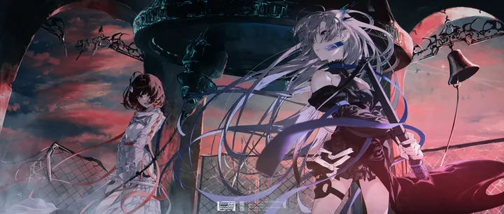 2girls,detached_sleeves,cloud,bangs,multiple_girls,thigh_strap,sky,hair_ornament,very_long_hair,parted_lips,outdoors,holding,fence,brown_hair,brown_eyes,horizontal,weapon,grey_hair,white_dress,looking_at_viewer,short_hair,standing,red_eyes,blue_eyes,dress,chain-link_fence,long_hair,long_sleeves,bare_shoulders,floating_hair,black_dress