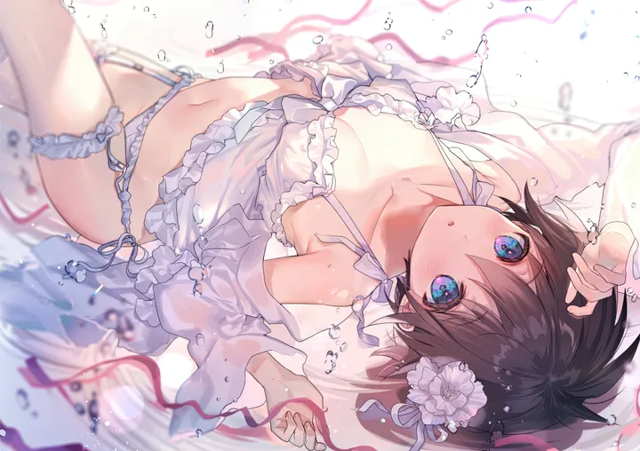 1girl,ribbon,arm_up,breasts,on_back,side-tie_panties,underwear,panties,bangs,solo,hair_flower,hair_ornament,lingerie,hair_between_eyes,parted_lips,babydoll,genderswap,depth_of_field,brown_hair,horizontal,water,water_drop,genderswap_mtf,white_panties,white_flower,looking_at_viewer,short_hair,navel,blush,frills,frilled_panties,blue_eyes,bridal_garter,lying,small_breasts,collarbone,bare_shoulders,flower,black_hair