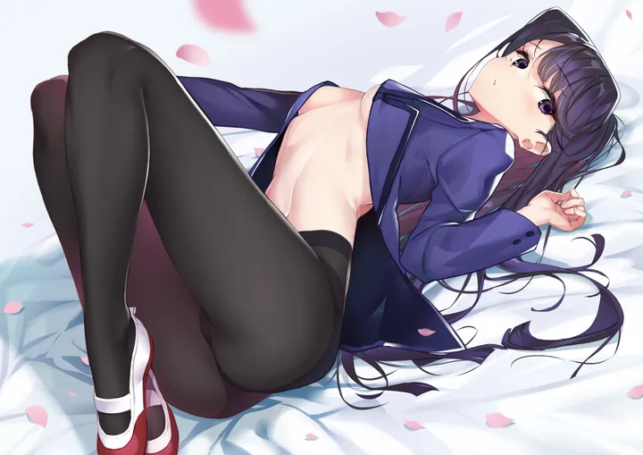 1girl,underboob,medium_breasts,breasts,on_back,underwear,panties,bangs,solo,closed_mouth,jacket,uwabaki,ass,bed_sheet,school_uniform,horizontal,no_bra,looking_at_viewer,panties_under_pantyhose,purple_eyes,navel,blush,petals,open_clothes,lying,pantyhose,long_hair,long_sleeves,shoes,black_hair,black_eyes,black_pantyhose