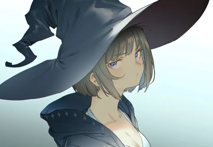 1girl,breasts,cleavage,upper_body,hood,bangs,solo,closed_mouth,jacket,witch_hat,hat,simple_background,brown_hair,horizontal,sweatdrop,hood_down,bob_cut,gradient,gradient_background,looking_at_viewer,short_hair,purple_eyes,blue_eyes,collarbone,witch