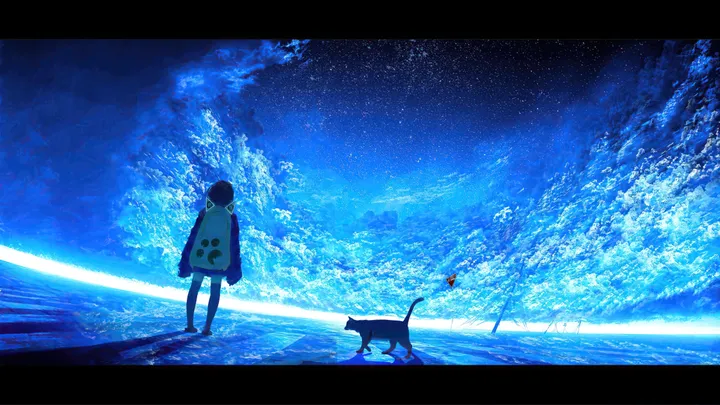 1girl,cloud,bag,solo,backpack,horizon,cloudy_sky,night,night_sky,sky,wide_shot,outdoors,star_sky,starry_sky,horizontal,paw_print,cat,letterboxed,short_hair,standing,from_behind,blue_theme,blue_sky,facing_away,scenery,black_hair,black_cat