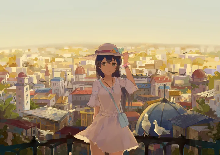 1girl,bangs,bag,solo,shoulder_bag,city,cityscape,sun_hat,hat,building,outdoors,handbag,hand_on_headwear,railing,horizontal,jewelry,white_dress,looking_at_viewer,smile,blue_hair,dress,long_hair,necklace,bird,yellow_eyes