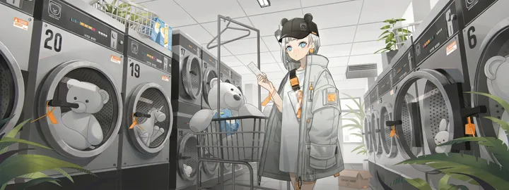 1girl,solo,coat,jacket,indoors,hat,wide_shot,holding,plant,horizontal,washing_machine,grey_hair,bear_ears,jewelry,white_hair,potted_plant,looking_at_viewer,short_hair,standing,earrings,blue_eyes,shirt,open_clothes,long_sleeves,black_headwear